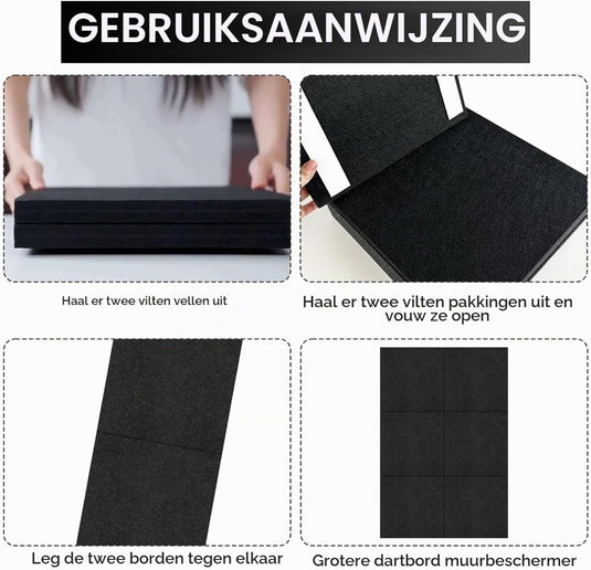 Zelfklevende dartbord beschermmat 4-delig 60 x 60 cm van 12 mm dik vilt – dartwandisolatie – muurafscherming - happygetfit.com