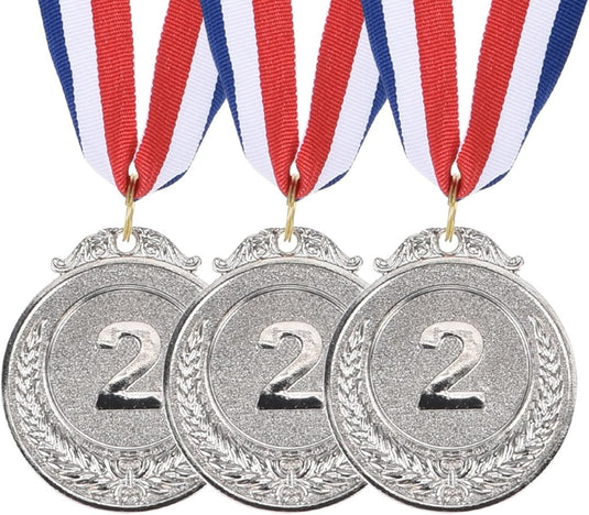 Zilveren medailles 3 stuks 5 cm voor 2e plaats met neklint – sportmedailles – prijzen en trofeeën - happygetfit.com