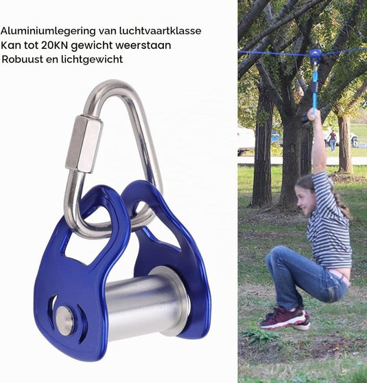 Zipline katrol van aluminiumlegering met 20 kN draagsterkte voor slackline en buitentraining – kabelkatrol – hindernisbaan - happygetfit.com