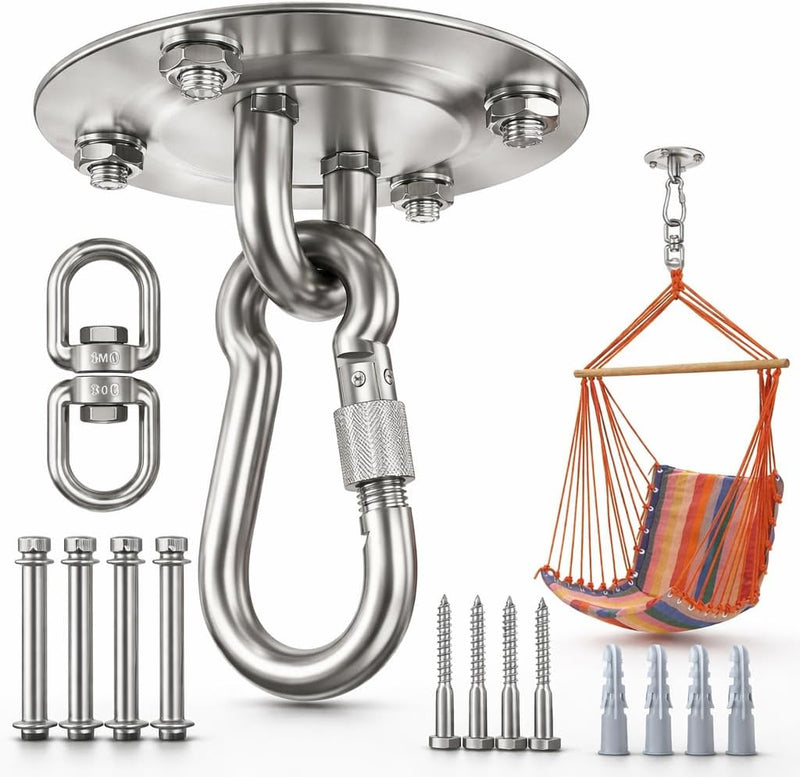 Load image into Gallery viewer, Zware Plafondhaak 360 ° Rotatie Roestvrijstalen Hangmathaak Ophangset voor Hangmat, Hangstoel, Bokszak, Schommel, Luchtyoga - Capaciteit van 450 kg - happygetfit.com
