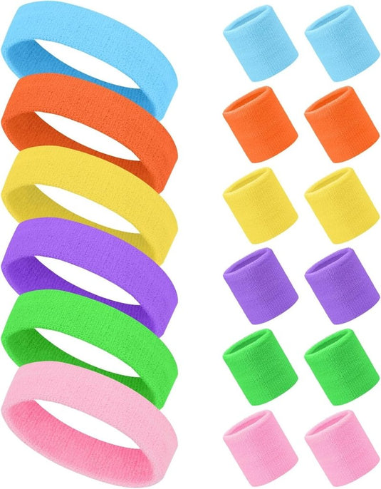 Zweetbandjes set 18 stuks met 6 sporthoofdbanden en 12 polsbandjes van zachte absorberende stof – sportzweetbanden – fitnessaccessoires - happygetfit.com