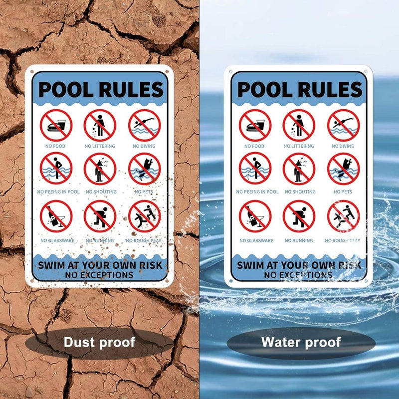 Load image into Gallery viewer, Zij-aan-zij vergelijking van &quot;Blijf veilig bij het zwemmen met duidelijke zwembadregels&quot; op droge, gebarsten aarde met het label &quot;Stofdicht&quot; en in water met het label &quot;Waterdicht&quot;. Beide borden zijn gericht op veiligheid, met poolregels met rode doorgestreepte symbolen.
