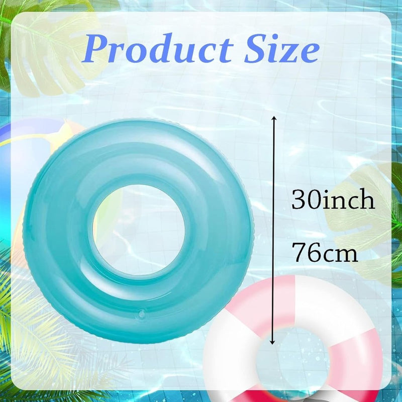 Laad afbeelding in Galerijviewer, Afbeelding van twee opblaasbare zwemringen op een blauwe zwembadachtergrond: een blauwe en een rode met een wit patroon. Gemaakt van milieuvriendelijk PVC, elke ring is 30 inch (76 cm). Tekst benadrukt hun levendige ontwerp, perfect voor zonnige dagen. Product: Stralende zwemervaring met onze transparante zwemring!.
