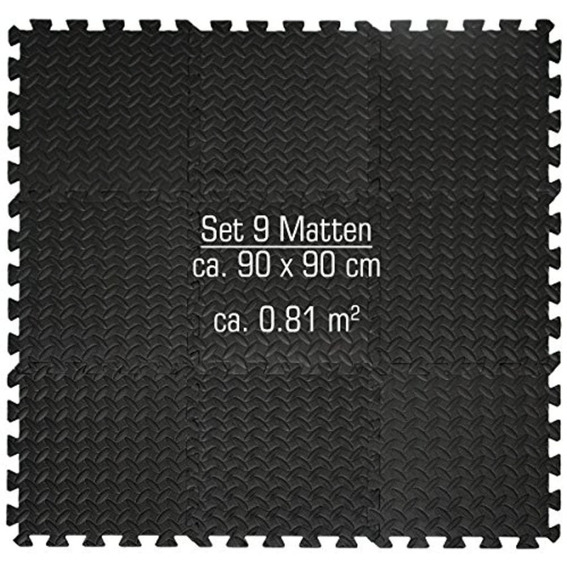 Load image into Gallery viewer, Deze negen in elkaar grijpende zwarte vloermatten met een ruitpatroon zijn 90 x 90 cm groot en beslaan ongeveer 0,81 m². Ze zijn ontworpen als &quot;puzzelmatten voor fitnessapparaten&quot; voor duurzaamheid en comfort en zijn gemaakt van EVA-schuim.
