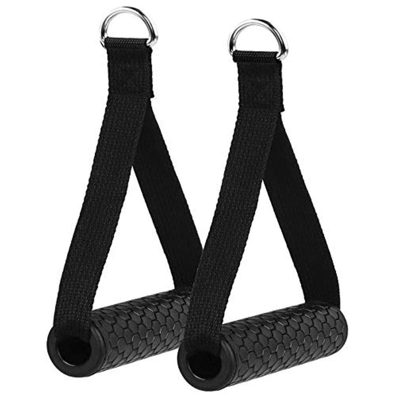 Laad afbeelding in Galerijviewer, Twee zwarte getextureerde &quot;Trainvullend met de fitness handgrepen kabelgrepen&quot; met D-ringen en banden, ontworpen voor weerstandsbanden of kabelmachines, bieden een comfortabele grip tegen een witte achtergrond. Ideaal als kabelmachine accessoire om uw workout te verbeteren.
