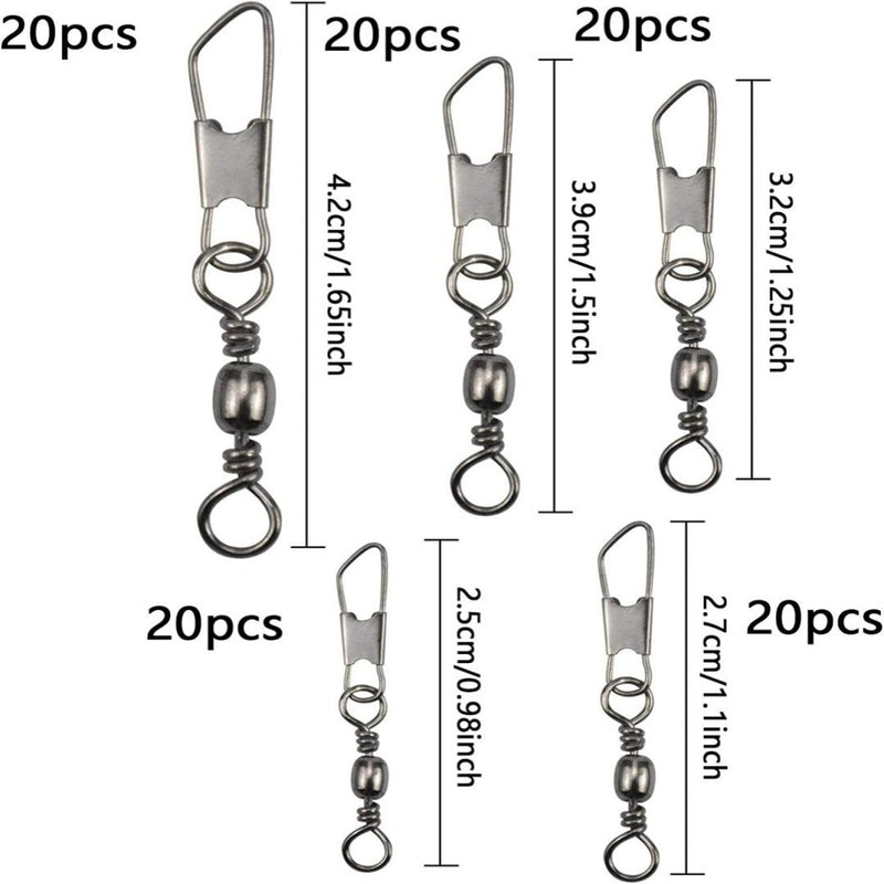 Load image into Gallery viewer, Er zijn vijf maten &quot;Upgrade jouw viservaring met hengelwervels met kogellagers&quot; beschikbaar, elk met 20 stuks gelabeld en lengtes: 4,2 cm, 3,9 cm, 3,2 cm, 2,7 cm en 2,5 cm, wat zorgt voor een soepele rotatie voor lineaire lijnverdraaiing tijdens visavonturen.

