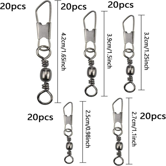 Er zijn vijf maten "Upgrade jouw viservaring met hengelwervels met kogellagers" beschikbaar, elk met 20 stuks gelabeld en lengtes: 4,2 cm, 3,9 cm, 3,2 cm, 2,7 cm en 2,5 cm, wat zorgt voor een soepele rotatie voor lineaire lijnverdraaiing tijdens visavonturen.