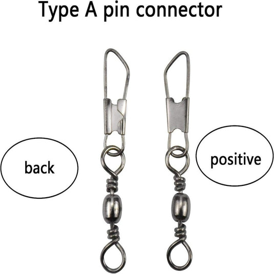 Twee type A-pinconnectoren, gelabeld met "back" en "positief", geven hun voor- en achterkant weer met metalen wartels met hengelwervels met kogellagers aan elk uiteinde voor een soepele rotatie om een lineaire lijnverdraaiing te garanderen. Product: Upgrade jouw viservaring met hengelwervels met kogellagers.