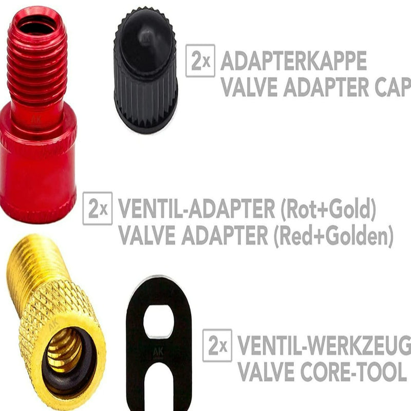 Load image into Gallery viewer, De afbeelding toont een Presta ventielvervangingsset met een rode ventieladapter, een zwarte ventieladapterdop, een gouden ventieladapter en een zwart ventielkerngereedschap. Etiketten in het Duits en Engels geven hoeveelheden en beschrijvingen aan - perfect voor het repareren van fietsbanden met hoogwaardige materialen.
