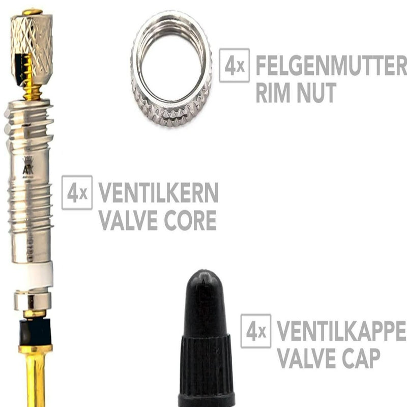 Load image into Gallery viewer, De &quot;Presta ventiel vervangingsset: Repareer je fietsbanden in een handomdraai&quot; omvat vier velgmoeren, ventielkernen en doppen gemaakt van hoogwaardige materialen, gelabeld in het Duits en Engels voor bandenonderhoud.
