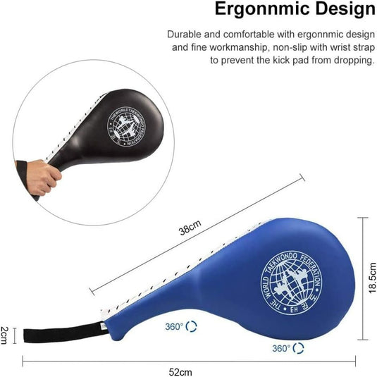 De zwart-blauwe Ultieme training kickboks beschermers voor de jeugd hebben een ergonomisch design en een polsband voor gripzekerheid, waardoor ze ideaal zijn voor vechtsporten jeugd tijdens intensieve techniektrainingen.