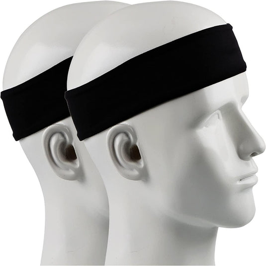 Twee mannequinhoofden met "Maak sporten comfortabeler met onze antislip hoofdband" in het zwart, naar rechts gericht.