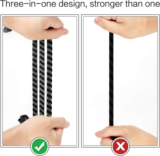 Twee afbeeldingen vergelijken schoenveters: links is een strak gehouden drie-in-één-ontwerp te zien, gemarkeerd met een groen vinkje; rechts is een enkele veter uitgerekt, gemarkeerd met een rode X. De bovenste tekst benadrukt dat Snelbinders voor veiligheid en gemak in één zorgen voor een fietskoordachtige stevigheid voor duurzaamheid en betrouwbaarheid bij elke stap.