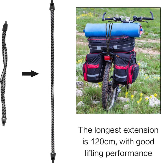 Een bungeekoord wordt uitgestald naast een fiets met tassen en een opgerolde mat. De tekst luidt: "Uitschuifbaar tot 120 cm voor superieur tillen." Perfect voor fietskoordgebruik of bagagebeveiliging. Product: Snelbinders voor veiligheid en gemak in één.