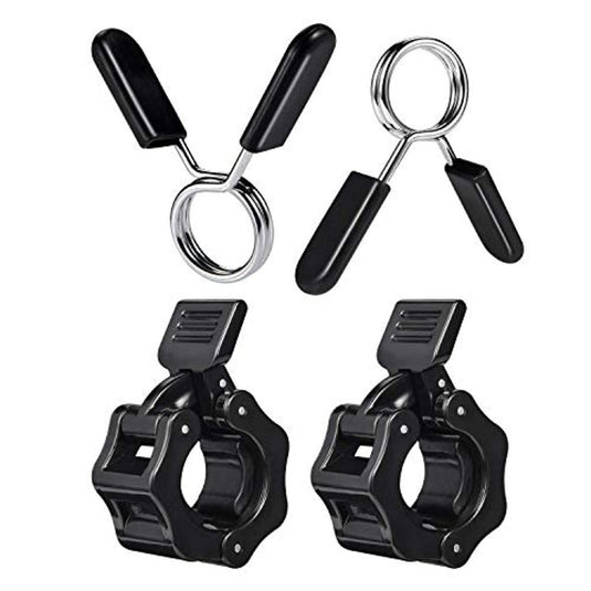 Twee paar halterklemmen: één met 25 mm gegalvaniseerde stalen clips met metalen veren en zwarte handgrepen, en de andere gemaakt van hoogwaardig ABS met strakke zwarte hendelvergrendelingen.