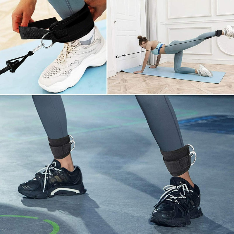 Laad afbeelding in Galerijviewer, Drie afbeeldingen tonen onze &quot;Train je benen effectief en comfortabel met onze enkelbanden voor kabelmachine&quot; in gebruik: linksboven is de band van een sneaker te zien, rechtsboven is een persoon te zien die aan het sporten is en onderaan zijn neopreen enkelbanden te zien in combinatie met zwarte sneakers.
