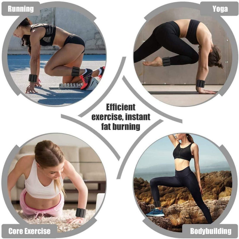 Load image into Gallery viewer, Vier cirkelvormige afbeeldingen tonen mensen die aan het sporten zijn: linksboven, Hardlopen; rechtsboven, Yoga; linksonder, Core Exercise met Verstelbare Enkelgewichten; rechtsonder, Bodybuilding. De middelste tekst luidt: &quot;Efficiënte oefening voor directe vetverbranding en sterkere spieren.

