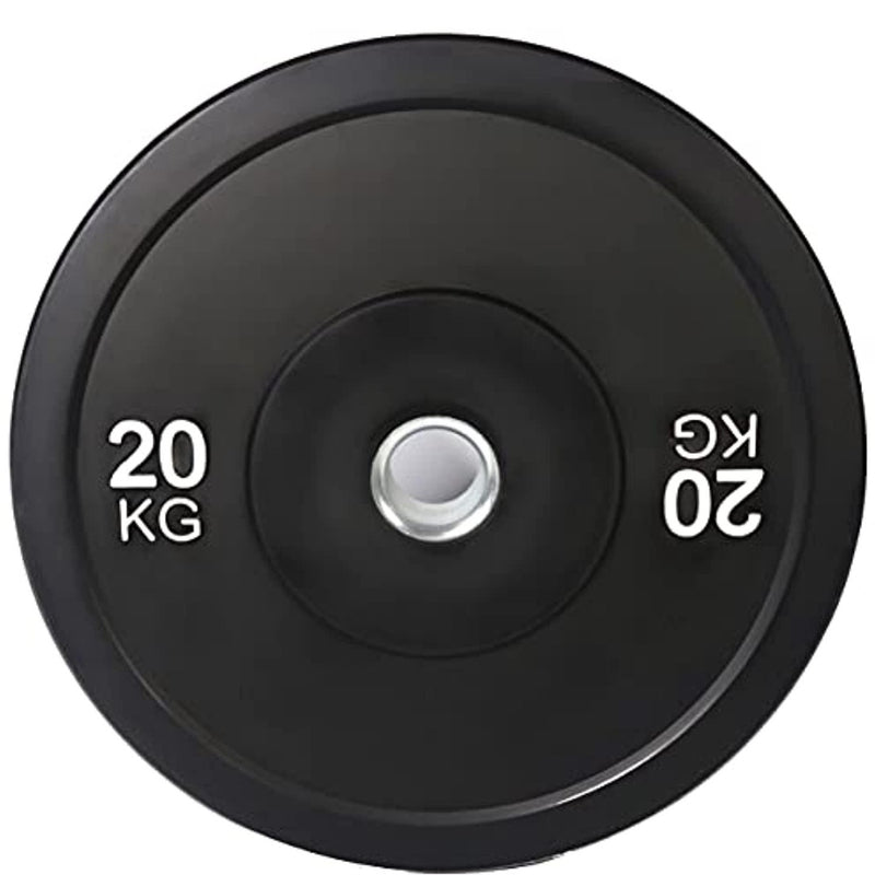 Load image into Gallery viewer, Een zwarte &quot;20 KG&quot; halterschijf met een zilverkleurig middengat, gemaakt van duurzaam rubber voor een veilige grip. Product: Verbeter je fitnessprestaties met de olympische bumperplates.
