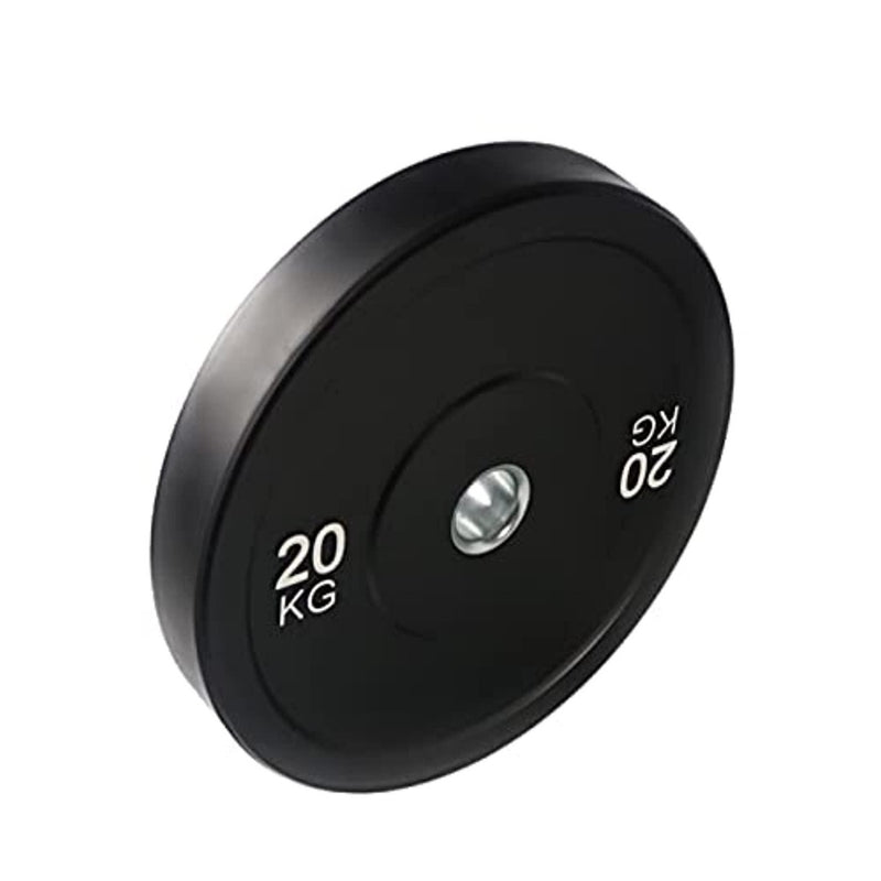 Load image into Gallery viewer, De &quot;Verbeter je fitnessprestaties met de olympische bumper plates&quot; bestaat uit een zwarte halterschijf van 20 kg gemaakt van duurzaam rubber, met witte letters en een centraal gat voor een halter.
