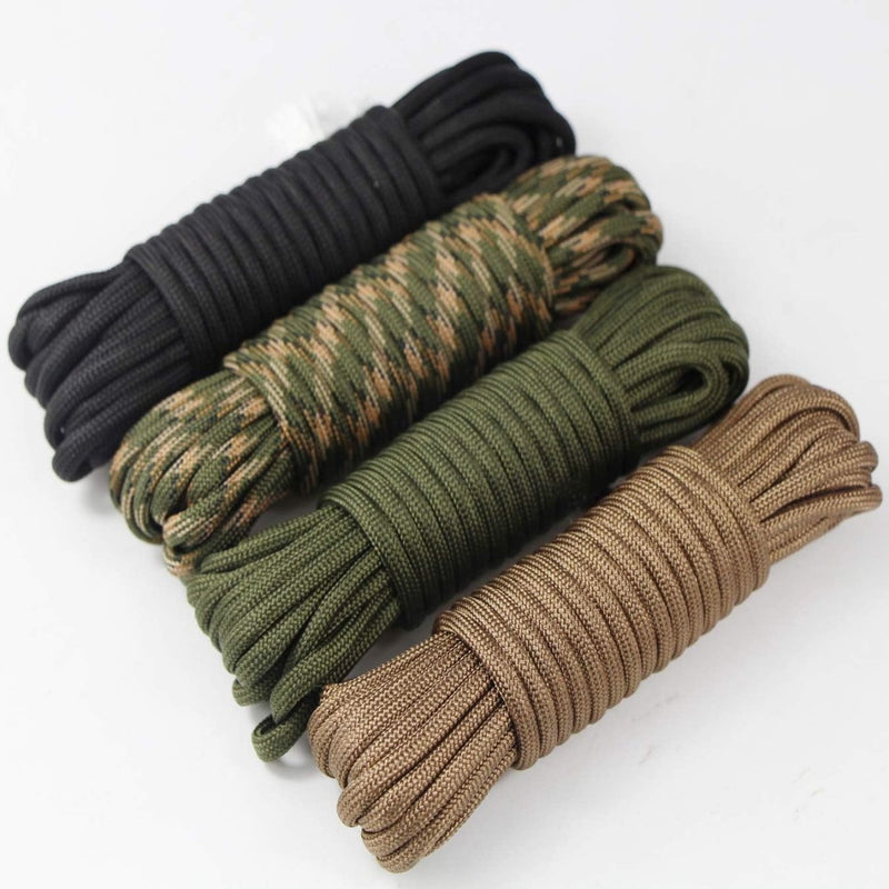 Load image into Gallery viewer, Vier netjes opgerolde bundels &quot;Haal het beste uit elke reis met ons duurzaam paracord van 6 meter&quot; in zwart, camo, olijfgroen en bruin worden weergegeven op een witte achtergrond.
