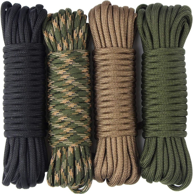 Load image into Gallery viewer, Vier rollen duurzaam paracord in zwart, camouflage, bruin en groen zijn netjes naast elkaar gerangschikt op een witte achtergrond. Elk stuk, uit ons &quot;Haal het beste uit elke reis met ons duurzaam paracord van 6 meter&quot; assortiment, biedt veelzijdigheid voor verschillende toepassingen.

