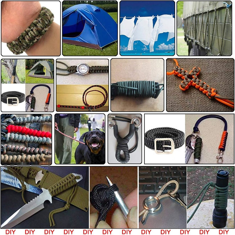 Load image into Gallery viewer, Collage met de nadruk op &#39;Haal het beste uit elke reis met ons duurzaam paracord van 6 meter&#39;, met doe-het-zelf-projecten zoals armbanden, horloges, messenhandvatten, hondenriemen, waslijnen, tenten en decoratieve knopen.
