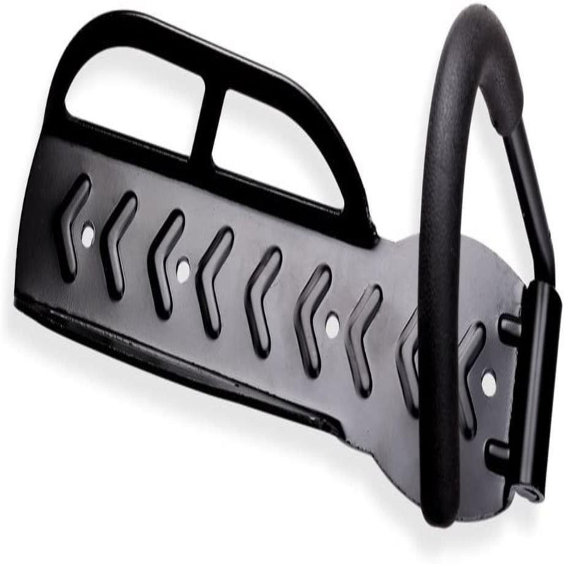 Laad afbeelding in Galerijviewer, Het &quot;Fiets ophangsysteem: bespaar ruimte en bescherm je fiets&quot; is een zwart metalen wandmontagerek met een gebogen haak en een basis met patroon om een fietsband veilig vast te houden, wat een efficiënte ruimtebesparende oplossing biedt.
