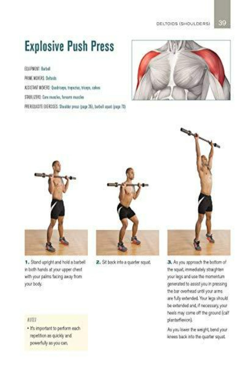 Laad afbeelding in Galerijviewer, Ontdek gedetailleerde instructies voor een explosieve push press met een halter die zich richt op de deltoïde spieren in &quot;Freeweight Training Anatomy&quot;. Deze gids toont afbeeldingen van een man die de oefening demonstreert, met opmerkingen over de vorm en techniek, ideaal om uw fitnessroutine te verbeteren.

