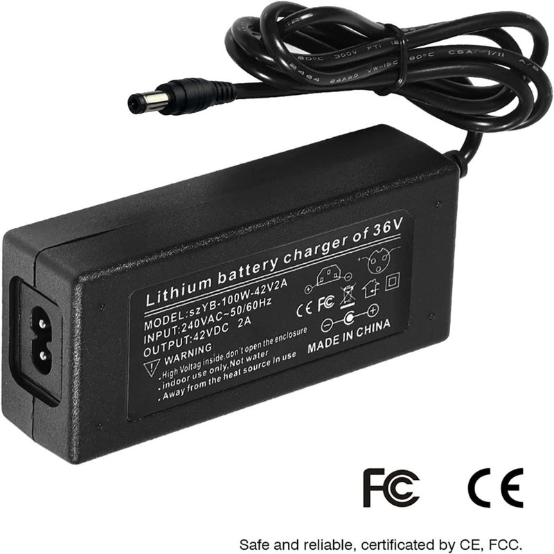 Load image into Gallery viewer, De Laad je elektrische scooter snel en efficiënt op met onze 36V netadapter is een zwarte lader met 100-240V AC input en 42V, 2A output. Het beschikt over een tweepolige stekker, standaard cilindrische connector en veilige werking met CE en FCC certificering. Gemaakt in China voor betrouwbaar gebruik.
