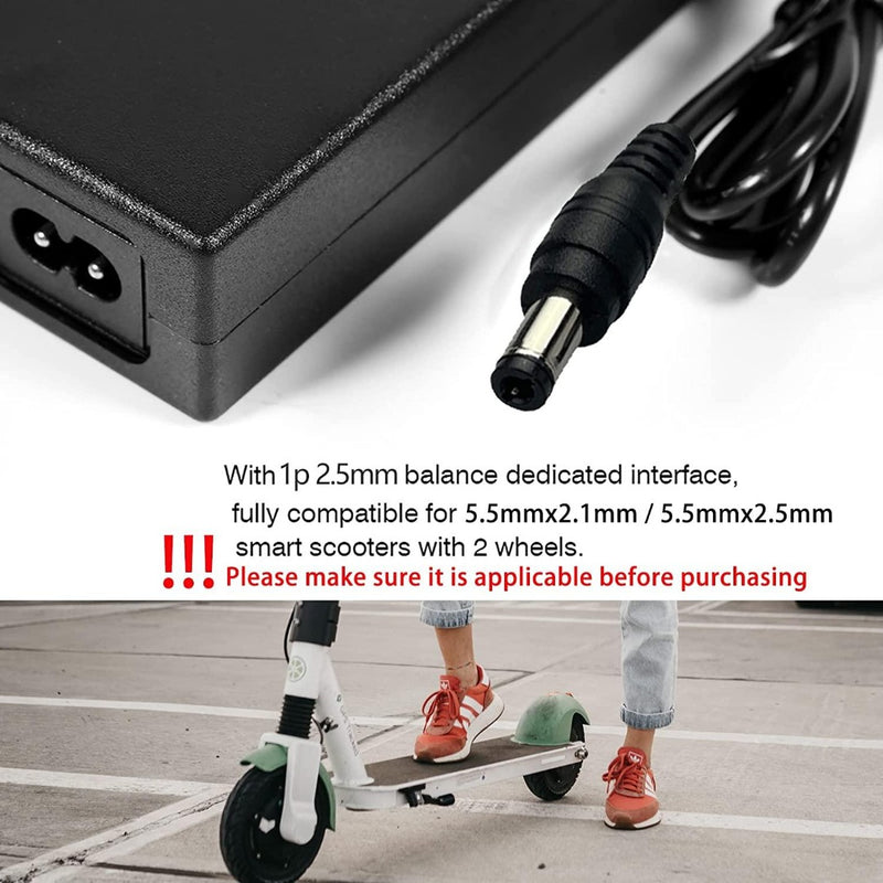 Load image into Gallery viewer, Close-up van onze 36V netadapter met aansluitkabel, compatibiliteitswaarschuwing voor slimme scooters en &#39;supersnel opladen&#39;-functie, hieronder een afbeelding van een persoon die naast een elektrische scooter staat. Productnaam: Laad je elektrische scooter snel en efficiënt op met onze 36V netadapter!.
