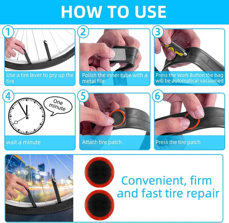 Load image into Gallery viewer, Instructieschema met de stappen voor het repareren van een fietsband, inclusief het gebruikte gereedschap en de toepassing van de Ontdek de kracht van onze sterke reparatiepatch voor fietsbanden, met een onderschrift over handig en snel bandenreparatie.
