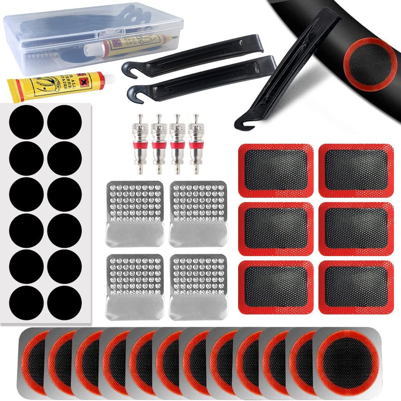 Load image into Gallery viewer, De Ontdek de kracht van onze sterke reparatiepatch voor fietsbanden bevat voor het gemak een bandenreparatieset met meerdere pleisters, rubbercement, ventielkernen, metalen rasp, plastic bandenlichters en een doorzichtige opbergdoos.
