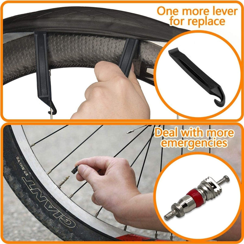 Load image into Gallery viewer, Er wordt een fietsbandenlichter op een wiel gebruikt, terwijl een extra hendel wordt weergegeven. Hieronder stelt iemand een klepsteel af, wat het gebruiksgemak benadrukt &quot;Ontdek de kracht van onze sterke reparatie patch voor fietsbanden.
