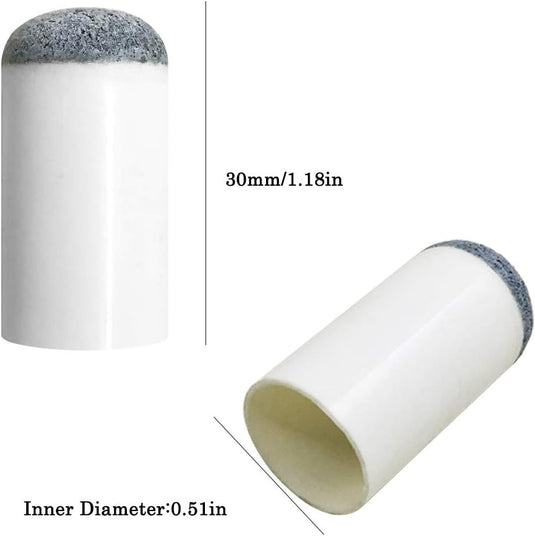 Witte cilindrische stoelpootdoppen met vilten onderkant, 30 mm hoog en 0,51 inch binnendiameter, worden in twee perspectieven getoond en roepen de ingetogen elegantie op van een duurzame pomerans genaamd 