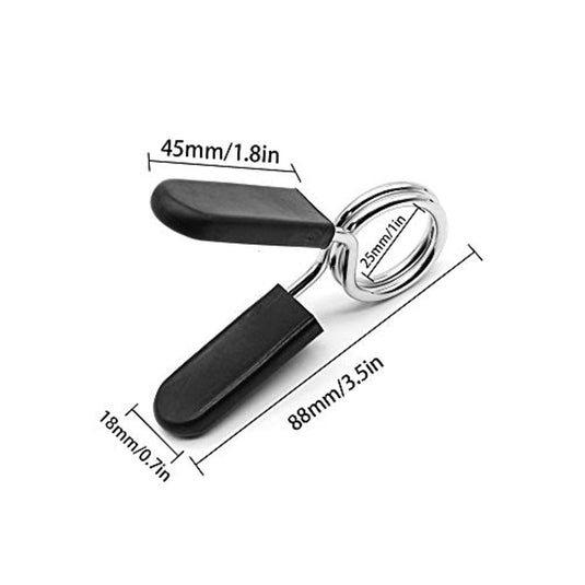 De Haltersluiting 25mm klem, ideaal voor veilige training met verbeterd evenwicht en coördinatie, is voorzien van zwarte rubberen handgrepen en is 88 mm (3,5 inch) lang, 45 mm (1,8 inch) breed en 18 mm (0,7 inch) dik met een opening van 25 mm (1 inch).