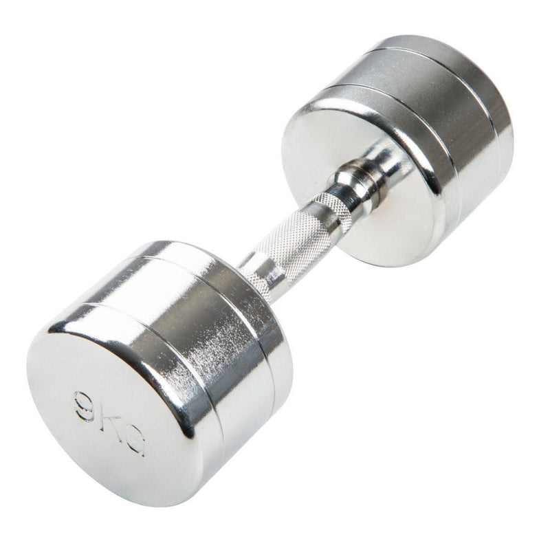 Load image into Gallery viewer, Een glanzend verchroomde dumbbell met comfortabele gekartelde grip en afgeronde gewichten gemarkeerd met &quot;9 kg&quot;, ideaal voor krachttraining. Transformeer je training met de veelzijdige chromen halters gewichten.
