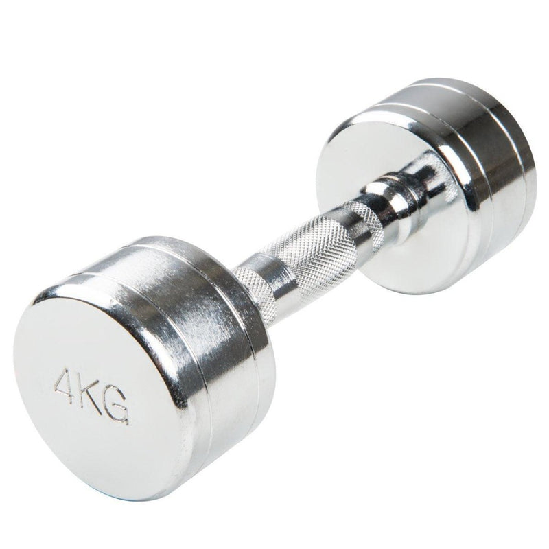 Load image into Gallery viewer, Een verchroomde dumbbell van 4kg met een comfortabele grip voor krachttraining, uit de collectie &#39;Transformeer je training met de maximaal chroom halters gewichten&#39;, rustend op een effen witte achtergrond.
