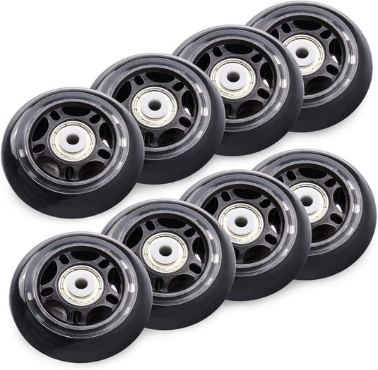 Het product bestaat uit acht zwarte 76mm-wielen, elk met een hardheid van 84A en een centraal zilverkleurig lager.