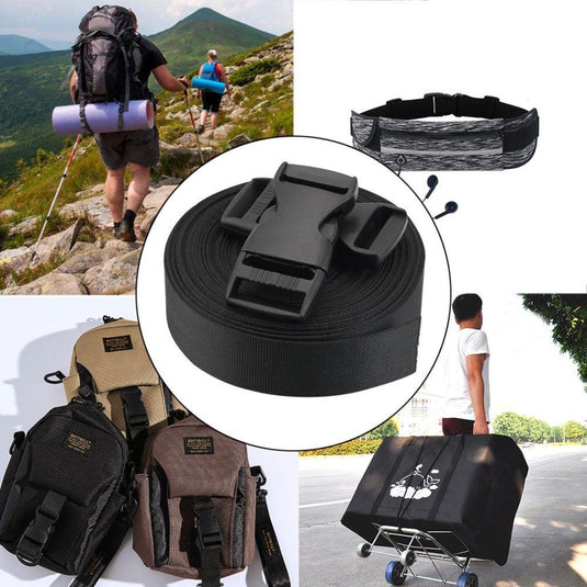 Een collage toont een stoere wandelaar, een rugzak met een Ontdek nylon band en ABS-kunststof sluiting, outdoor zakjes en iemand die een kar met een grote tas trekt.