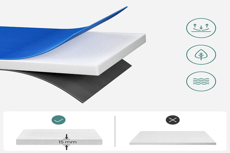 Laad afbeelding in Galerijviewer, Doorsnede van een duurzame trampolinemat met een strak design. Het is gemaakt van milieuvriendelijke materialen en heeft ongeëvenaarde demping. Een vinkje geeft aan dat er een optie van 15 mm dik beschikbaar is, wat de veiligheid en het comfort vergroot.
