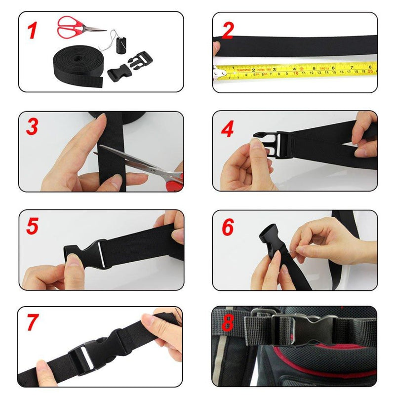 Laad afbeelding in Galerijviewer, Instructiecollage die laat zien hoe je een gespriem met een nylon band en ABS-kunststof sluiting in elkaar zet: knippen, meten, door de &quot;Ontdek de veelzijdigheid van deze steekgesp rugzakband&quot; gesp halen en de uiteinden vastzetten.
