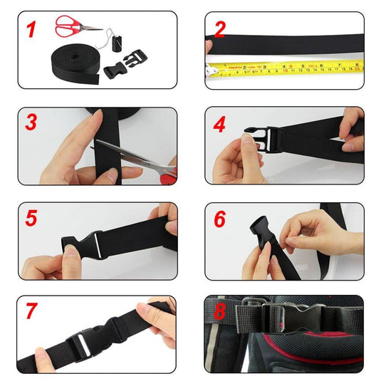 Instructiecollage die laat zien hoe je een gespriem met een nylon band en ABS-kunststof sluiting in elkaar zet: knippen, meten, door de "Ontdek de veelzijdigheid van deze steekgesp rugzakband" gesp halen en de uiteinden vastzetten.