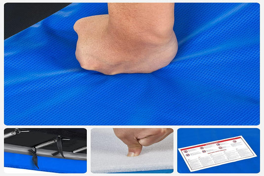 Een hand drukt op een blauwe trampolinemat, met kleinere afbeeldingen met duurzame randdetails, schuimcompressie en een veiligheidsblad. Gemaakt van UV-bestendige en waterdichte materialen voor duurzaamheid. Product: Breng je trampoline tot leven met onze trampoline rand effectief!.