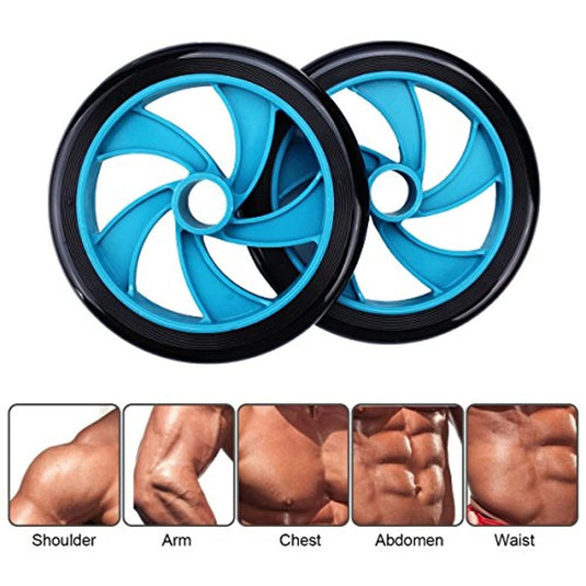 Transformeer je buikspieren met de beste buikspiertrainer! De blauwe dual-wheel fitnessrollers met zwarte velgen zijn ideaal voor een effectieve training. Bekijk de afbeeldingen voor gerichte spieren: schouders, armen, borst, buik en taille.