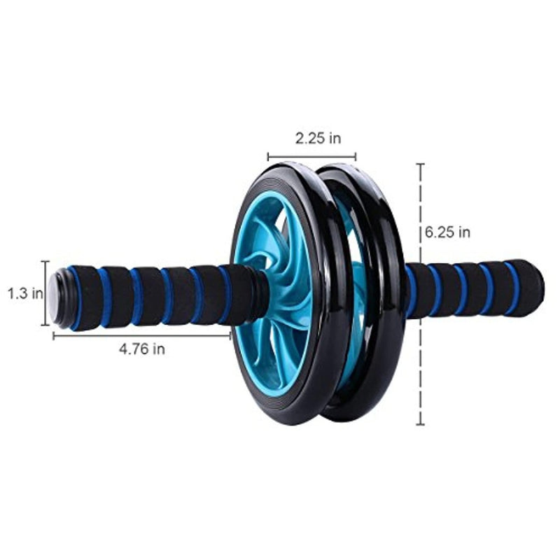 Laad afbeelding in Galerijviewer, Zwart en blauw buikwiel met schuimrubberen handvatten, voorzien van twee wielen voor effectieve training. Afmetingen: 6,25 inch breed, 4,76 inch handvatlengte en een opening van 2,25 inch - de perfecte buikspiertrainer in Transformeer je buikspieren met de kracht van de beste buikspiertrainer!.
