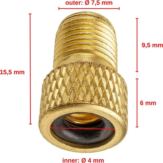 De messing adapter, ideaal voor de "Verbeter je fietservaring met onze handige fietsventiel adapters," meet 7,5 mm buitendiameter, 4 mm binnendiameter en 15,5 mm totale lengte (9,5 mm body met een 6 mm gekartelde grip). Perfect voor Presta ventiel gebruik.