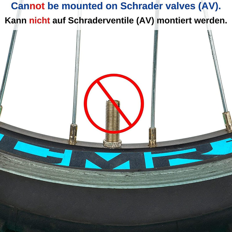 Laad afbeelding in Galerijviewer, Er is een fietsband met een Schraderventiel afgebeeld, gemarkeerd met een rood verbodssymbool. Tekst suggereert het gebruik van onze &#39;Verbeter je fietservaring met onze handige fietsventiel adapters&#39;, inclusief een ventieladapterset of Presta ventiel voor compatibiliteit.

