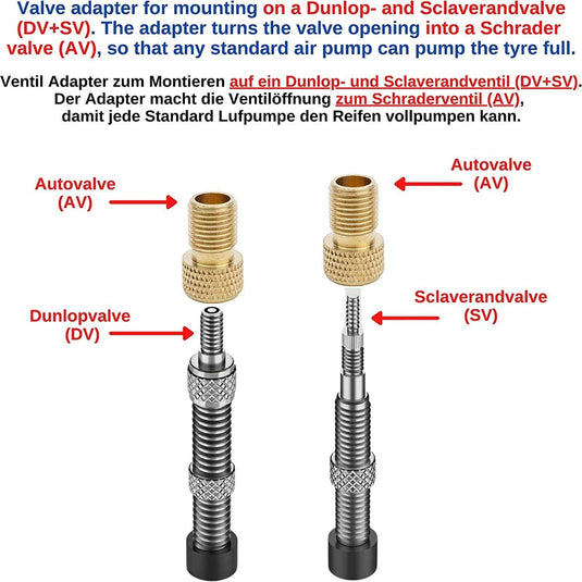 Het product "Verbeter je fietservaring met onze handige fietsventiel adapters" illustreert een ventieladapterset voor Dunlop- en Presta-ventielen, die deze ombouwen naar Schrader (AV), met gelabelde componenten en gedetailleerde visuele montage-instructies.