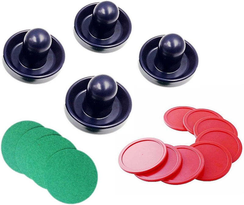 Load image into Gallery viewer, Het product &quot;Ontketen de adrenaline op tafel: Air hockey accessoireset voor eindeloos plezier!&quot; bevat drie aanvallers, vijf groene viltjes en tien rode pucks op een smetteloos witte achtergrond voor intense concurrentie.
