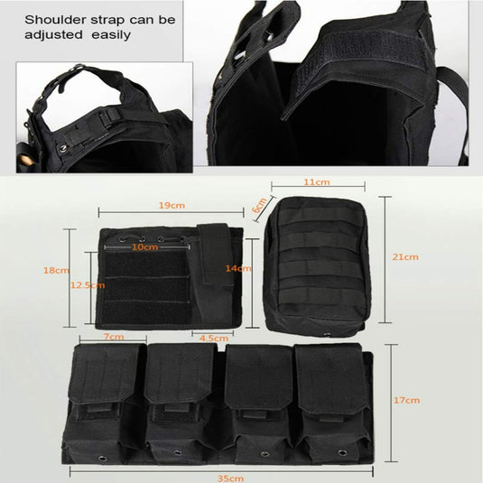Het Ontketen tactische vest is ideaal om je paintballuitrusting mee te dragen met zijn zwarte tactische tas, verstelbare schouderband en meerdere zakken. Afmetingen voor verschillende secties worden meegeleverd. Perfect als je het tactische vest draagt.